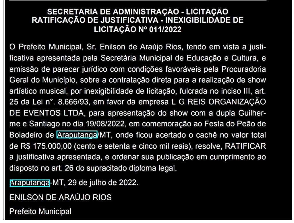 ARAPUTANGA - Dinheiro público pagará cachê de cantores da Festa